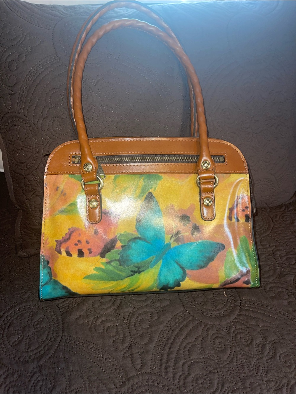 Patricia Nash Tan Handle Floral Butterfly Print Tote Bag NWT